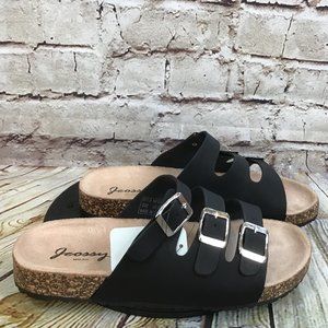 Milan Jeossy Women’s Black Triple Buckle Strap Cork Flats Sandals Size 5-5.5